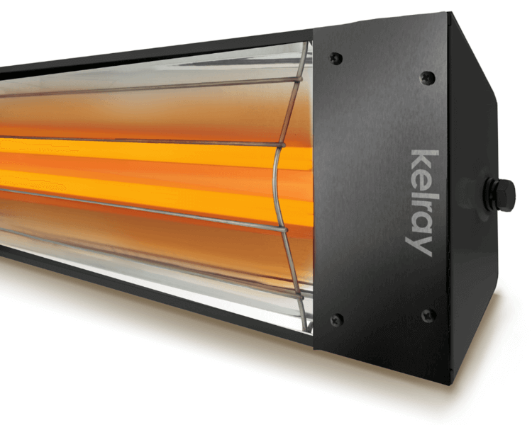 Close-up of Kelray industrial-grade infrared heater in matte black finish, engineered for high-performance heating in commercial and warehouse environments