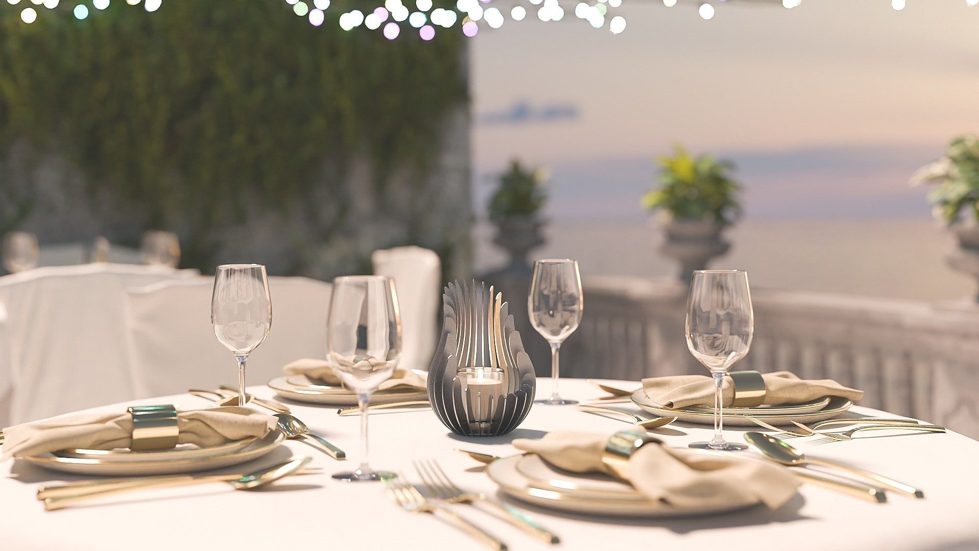 Kelray stainless steel candle holder as a dining table centerpiece with modern cutlery and glassware.