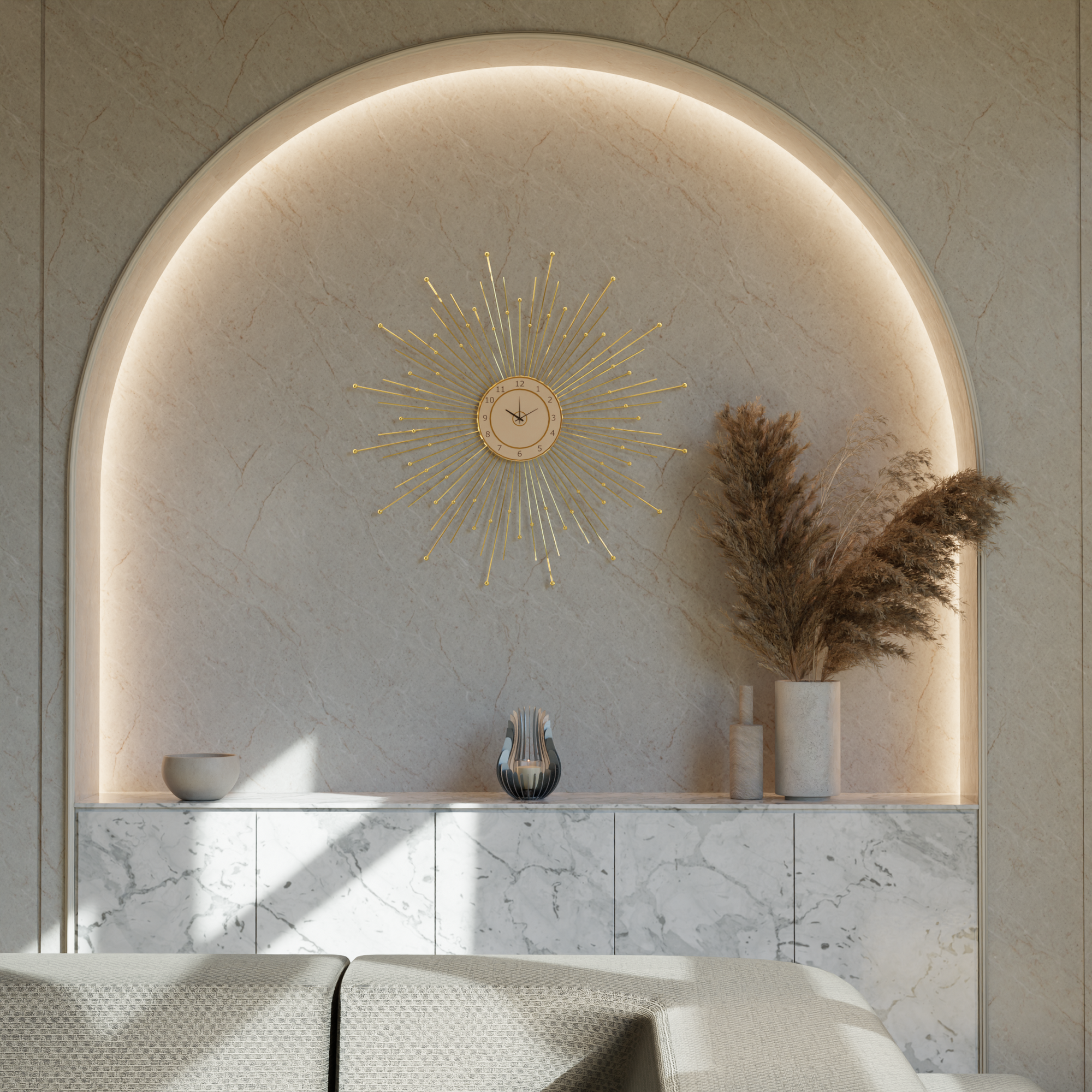 Kelray stainless steel candle holder styled in an arched alcove with marble cabinetry and sunburst wall clock in a contemporary living space.