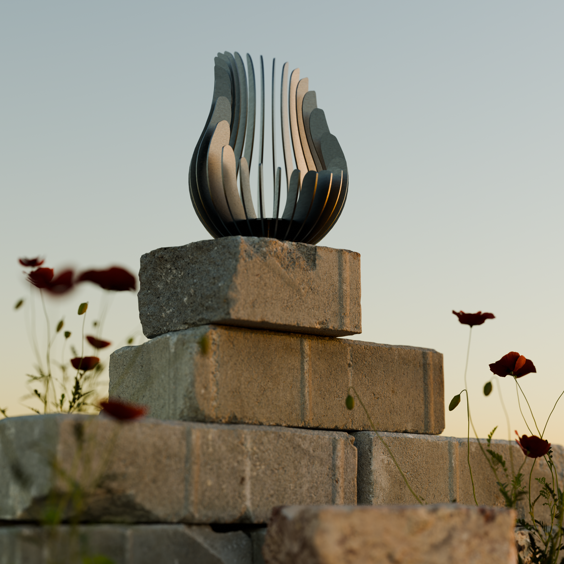 Kelray stainless steel candle holder displayed on stacked stone bricks with wildflowers in an outdoor setting at sunset.