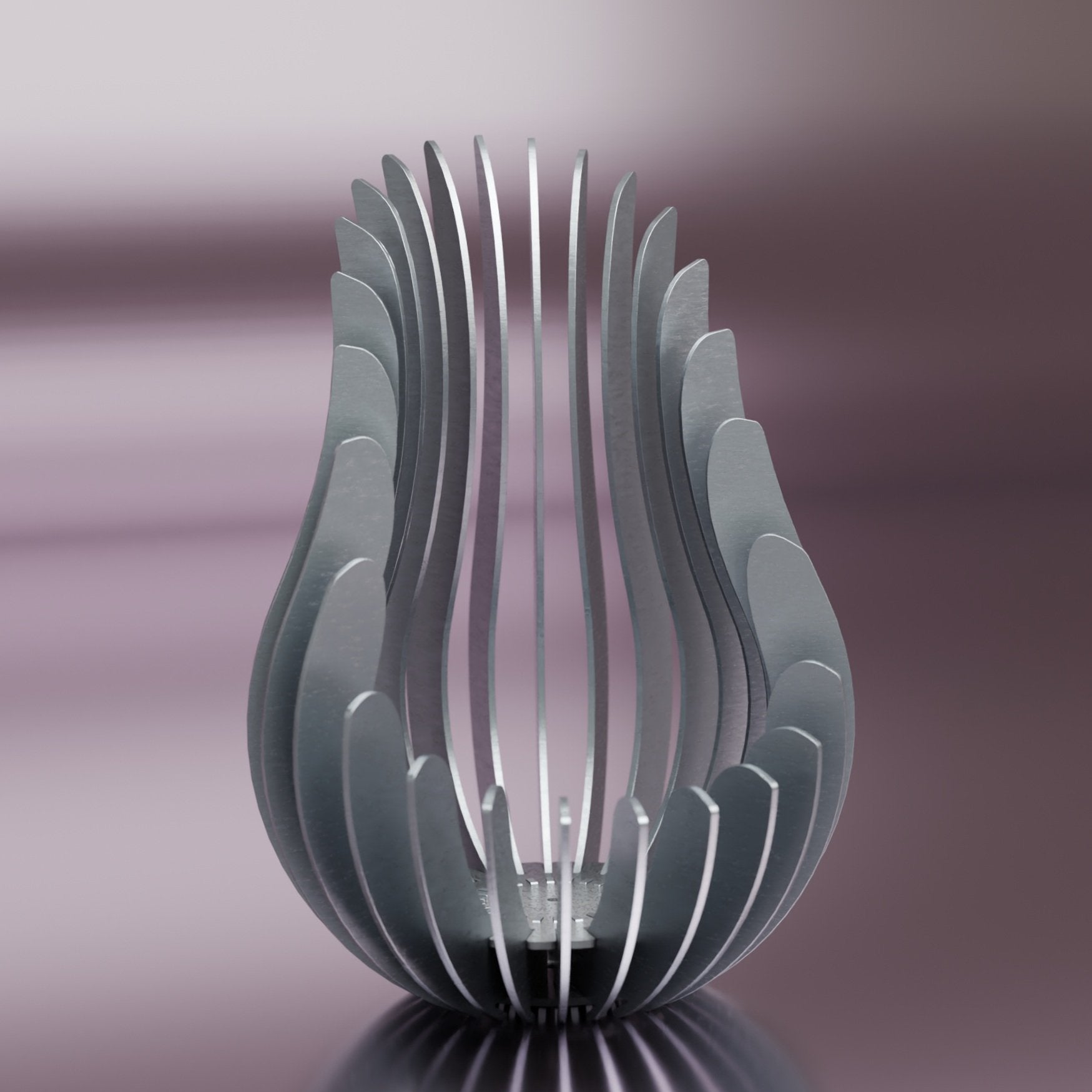Studio image of Kelray stainless steel candle holder with sculptural form against a soft gradient background.