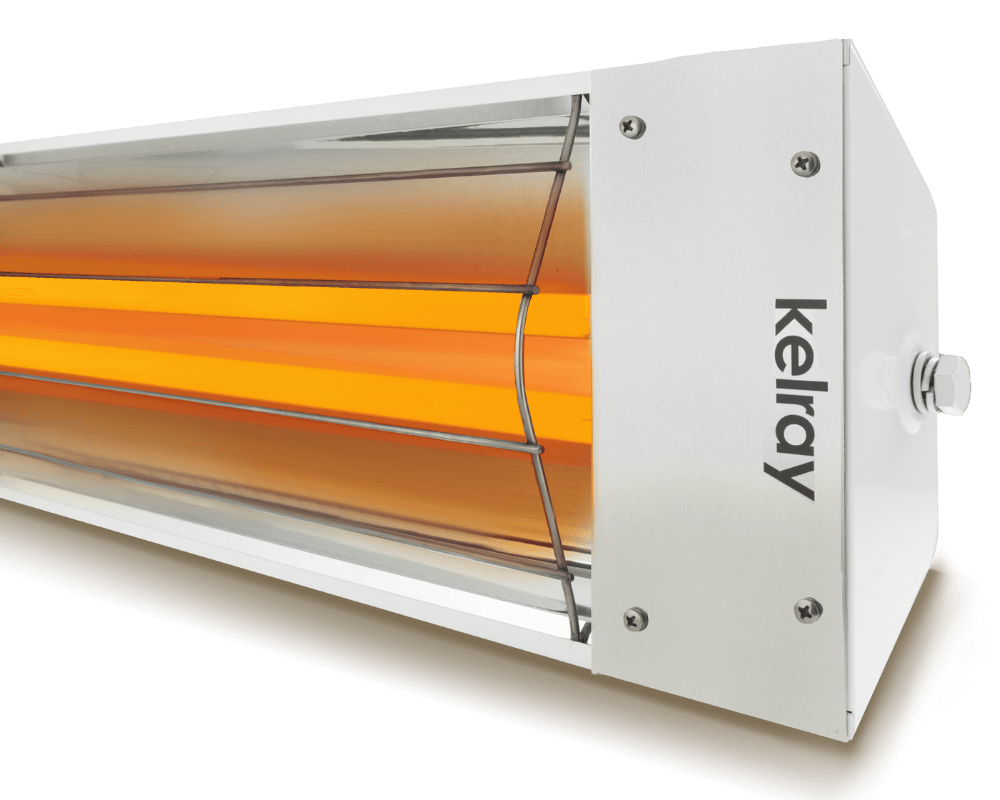 Close-up of Kelray infrared patio heater with glowing quartz element and brushed 316 marine grade stainless steel finish — ideal for modern architectural spaces