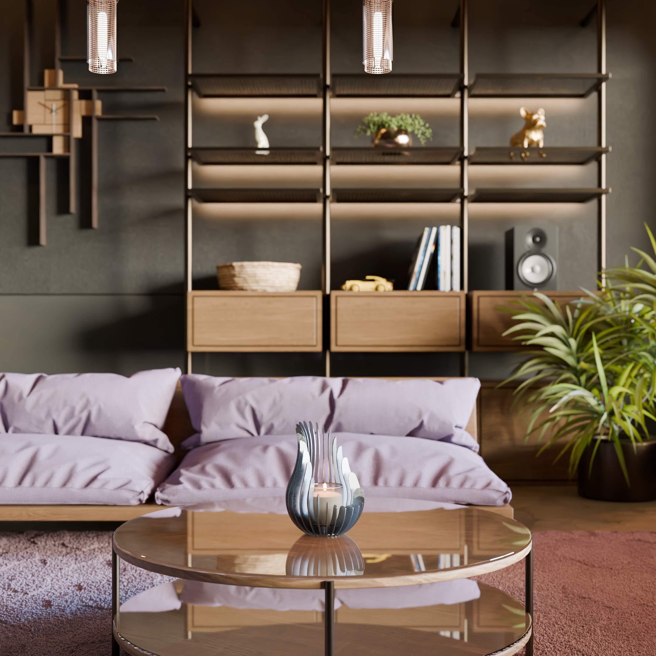 Kelray stainless steel candle holder styled on a modern coffee table in a designer living room.